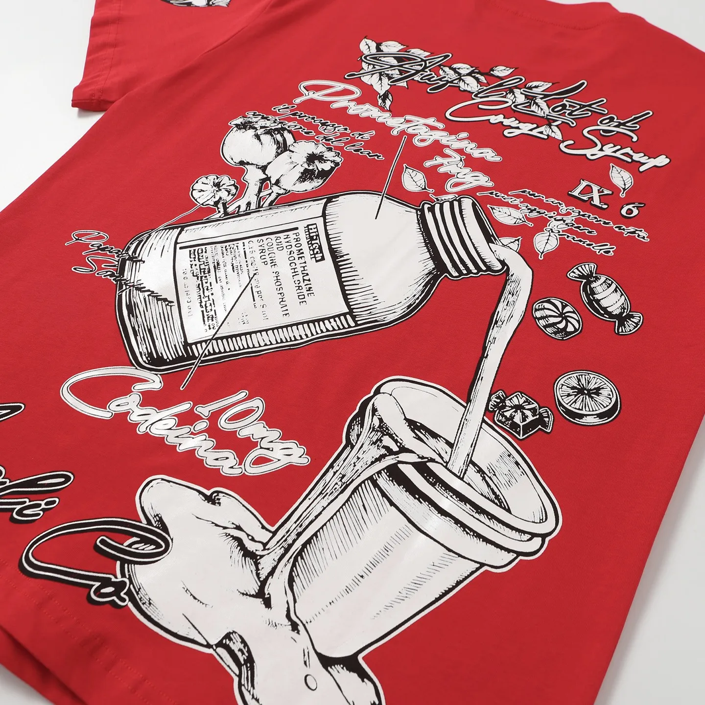 # I THAT'S A AWFUL LOT OF COUGH SYRUP In Stock Real shot American simple trendy brand loose casual T-shirt Fabric (fabric): 32 counts Weight combed double yarn pure cotton Sizes (size): S-M L X L Color (colour): Chinese red